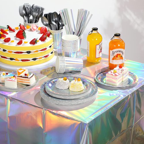Iridescent Paper Plates and Napkins Set, Disposable Iridescent Paper Plates Cups Knives Spoons Fork Straw for Mermaid Birthday Wedding Party, Serve 100