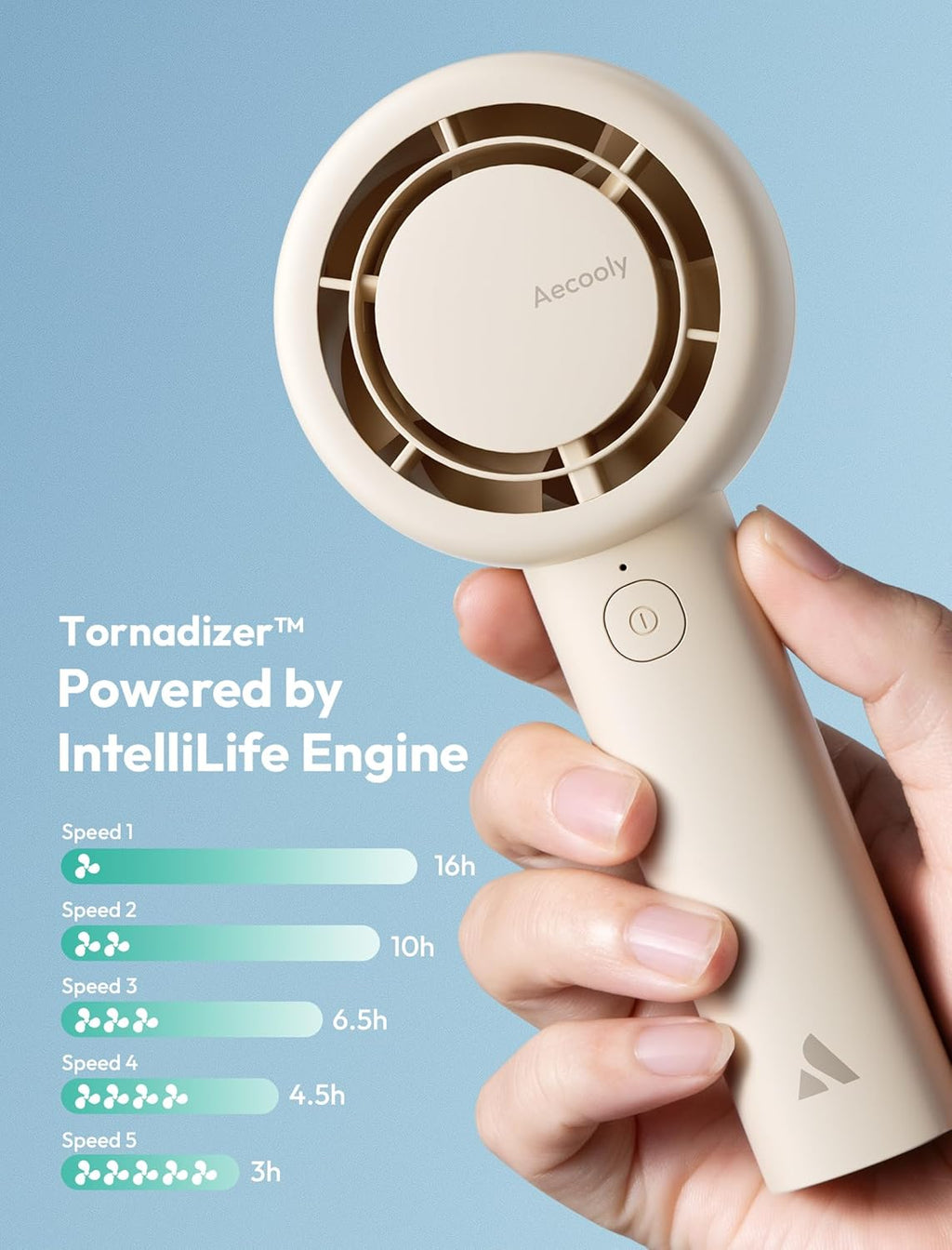 Aecooly Portable Handheld Turbo Fan - 16H Max Cooling Time, 5 Speeds, USB Rechargeable | Beige