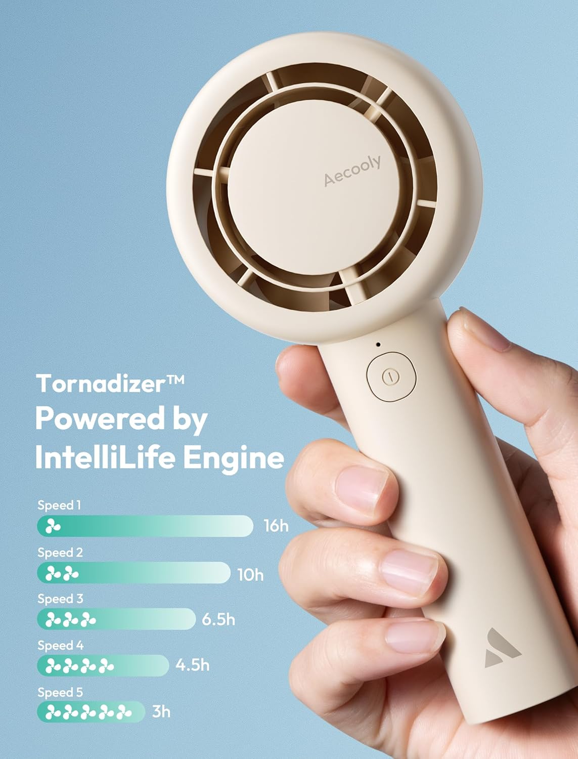 Aecooly Portable Handheld Turbo Fan - 16H Max Cooling Time, 5 Speeds, USB Rechargeable | Beige