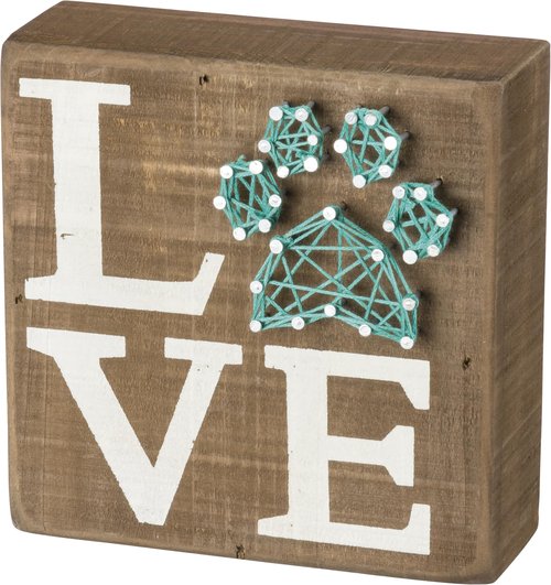 Primitives by Kathy Box Sign - Pet Love with String Art Paw Print - 5 inch square