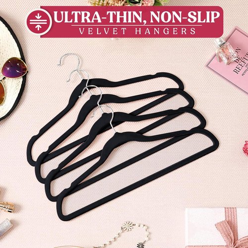 LDC Black Velvet Hangers - Premium Non-Slip Clothes Hangers with 360° Swivel Hook | 50 Pack - Black