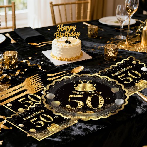 60 Pcs 50th Birthday Decorations Black gold Paper Plates and Napkins Forks Party Tableware for Men Women Birthday Party Decorations,Serve 20