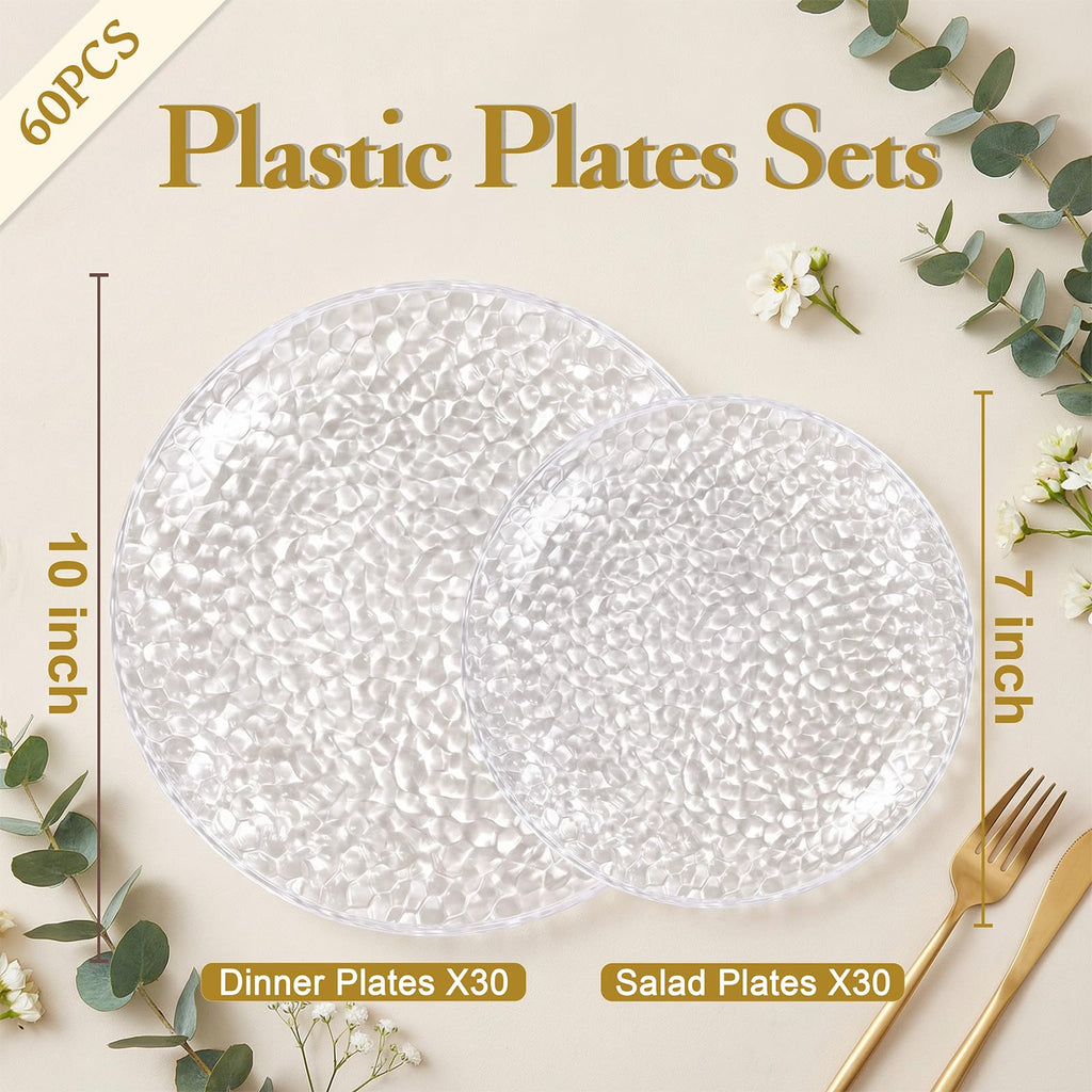 Rubtlamp 60Pcs Plastic Plates, Clear Disposable Plates, Hammered Heavy Duty Plastic Platos, Fancy Disposable Platos Include 30 Clear Dinner Plate, 30 Salad Plate For Bridal Spring