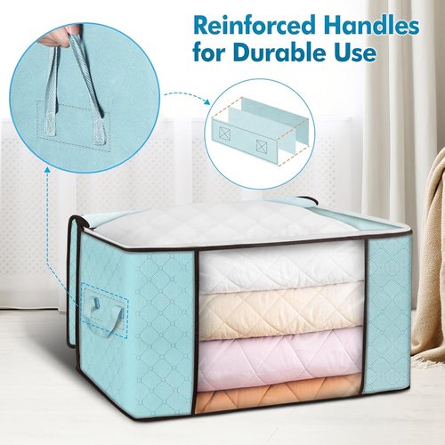 Budding Joy 90L Large Storage Bags - 6 Pack Foldable Closet Organizers for Clothes & Bedding | Blue