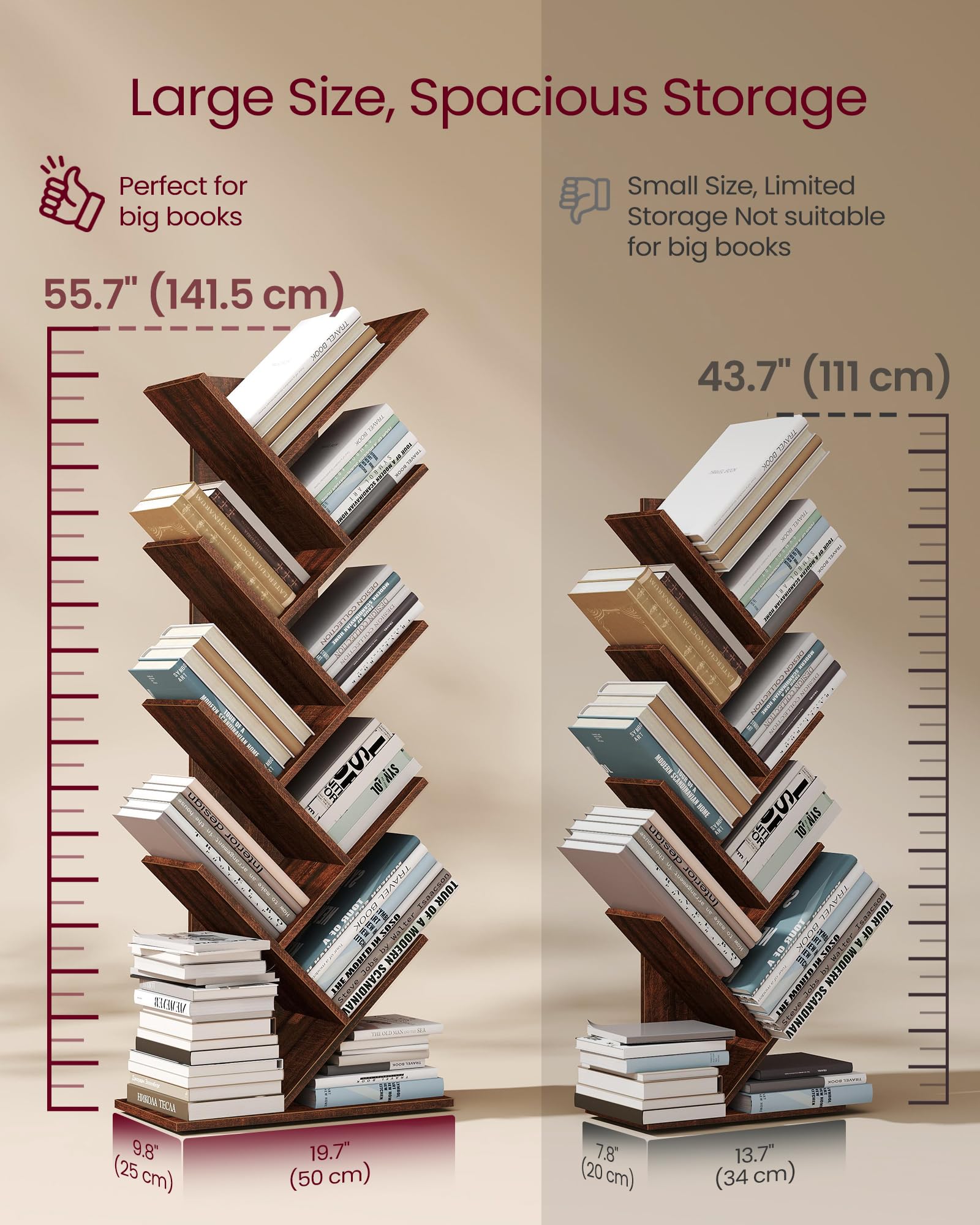 VASAGLE Tree Bookshelf, 9-Tier Bookcase, Large Bookshelf, Space-Saving Corner Shelf, Book Tree, Holds Books, CDs, Games, for Bedroom, Living Room, Home Office, Walnut Color ULBC11BY