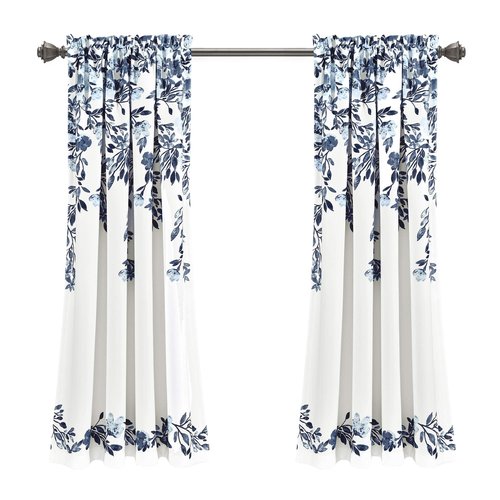 Lush Decor Tanisha Curtains - Light Filtering Window Panel Set, Pair - Floral Vine Print, Beautiful, Modern, Elegant Home Decor - 52" W x 63" L, Navy & White