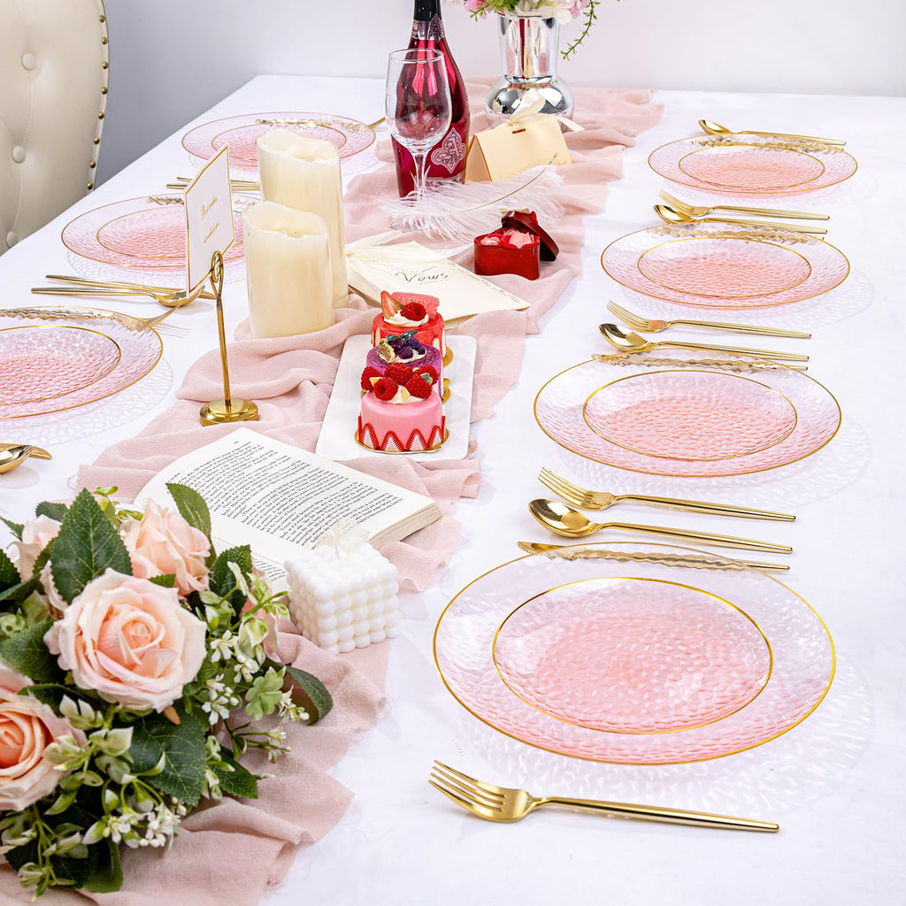 Rubtlamp 100 Pcs Pink Gold Dessert Plates hammered party plates, Pink Disposable Plates With Gold Rim, 7 Inch Dessert Platos Disposable, Plastic Appetizer Plates Perfect for Mother's Day