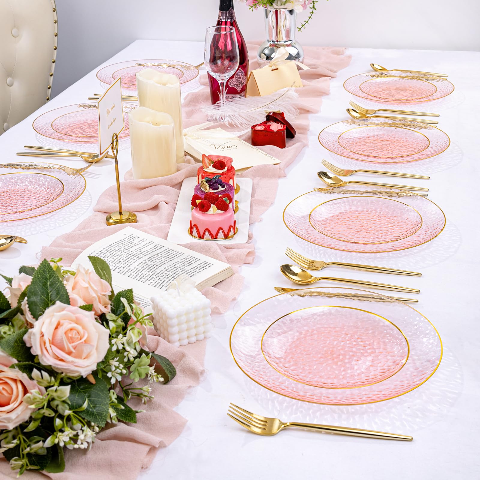 Rubtlamp 100 Pcs Pink Gold Dessert Plates hammered party plates, Pink Disposable Plates With Gold Rim, 7 Inch Dessert Platos Disposable, Plastic Appetizer Plates Perfect for Mother's Day