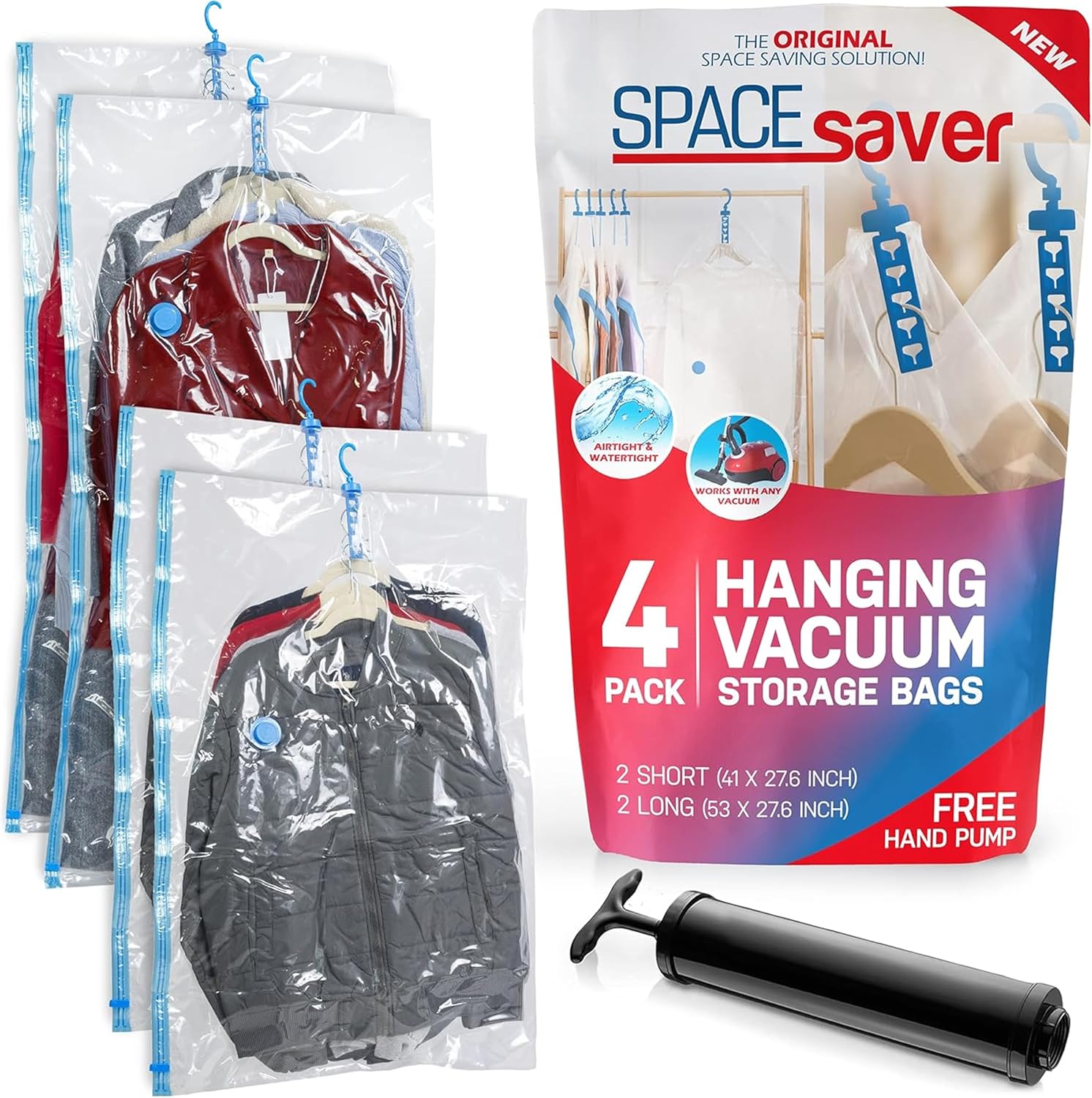 Skiennix Vacuum Storage Bags - 4 Pack Compression Bags for Clothes, Jackets & Suits | Space Saver with Hand Pump (2S & 2L)