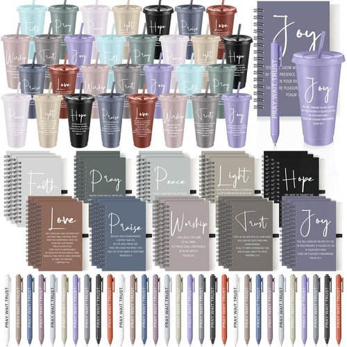 Potchen 90 Pcs Christian Gifts Bulk Bible Verse 24 oz Plastic Cups Spiral Notebooks Ballpoint Pens, Religious Gifts for Women Men Church Prayer (Classic Style)