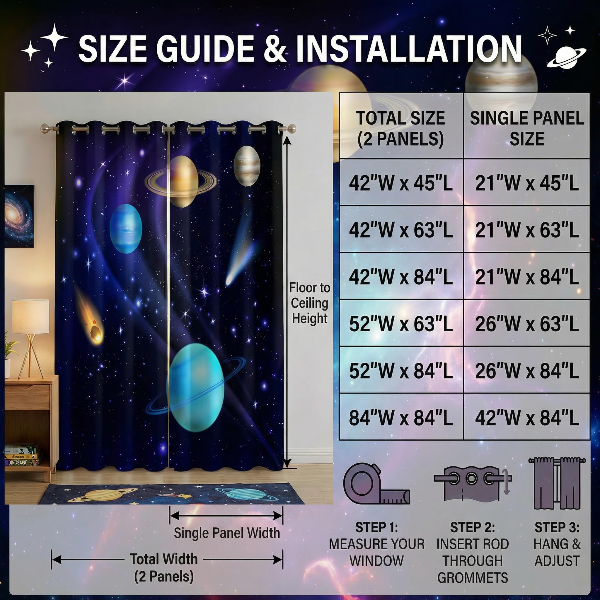 terxgrl Space Curtains for Boys Room, Galaxy Outer Space Blackout Window Curtains, Solar System Planets Darkening Drapes for Kids Bedroom Playroom, 72 x 63 Inch