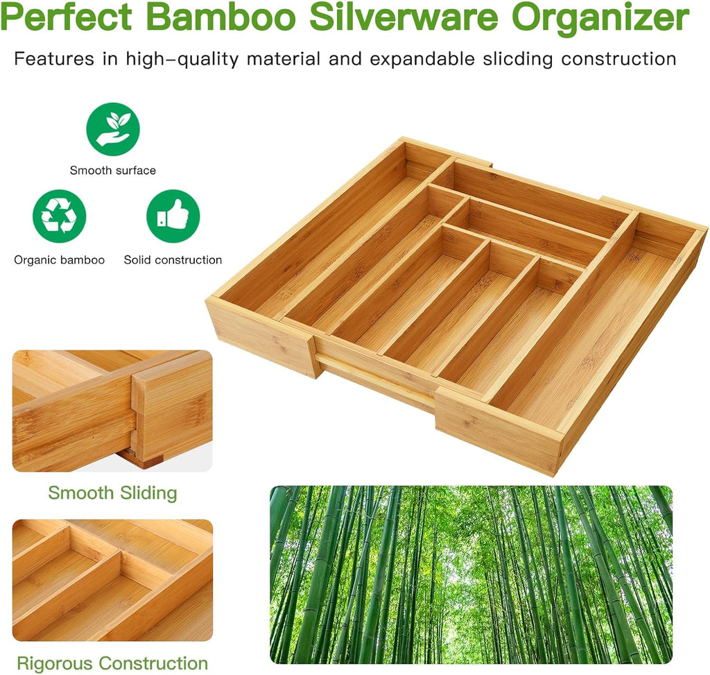 Pipishell Bamboo Silverware Drawer Organizer - Adjustable Utensil Tray for Kitchen & Home Storage