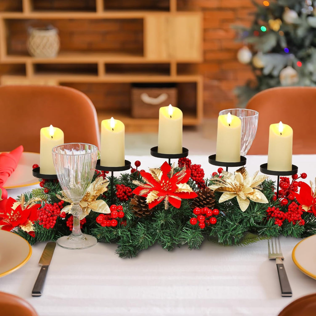 Sliner Christmas Tabletop Centerpiece - 30 Inch Poinsettia Candle Holder with 5 LED Flameless Candles & Pine Cones