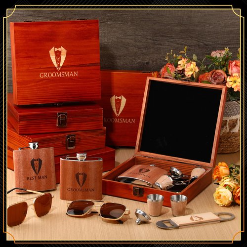 Acellegic 42 Pcs Groomsmen Gifts Set of 6, Groomsmen Proposal Box with Flasks Sunglasses Pine Box Funnel Bottle Opener Small Wooden Cups for Wedding Best Groomsman Man Gift