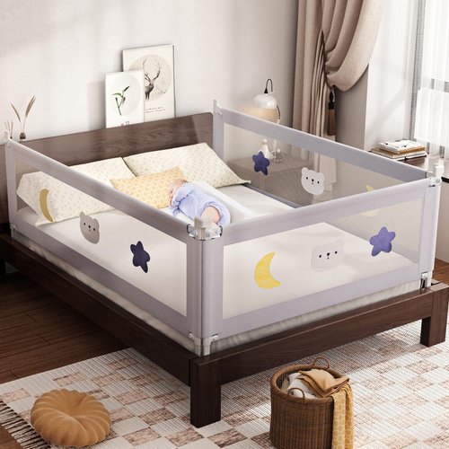 omzer Bed Rail for Toddlers - Baby Bed Guard Rail with Double Child Lock, Safety Bedrail for Children Kids with Pattern, Infants Height Adjustment Guardrail for King Size Bed - 3 Pack, 78.7x78.7x74.8”