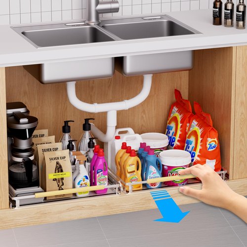 KIKIBRO Expandable Pull Out Drawer Cabinet Organizer, Adjustable Width Bottom-Mounted Slide Out Storage Shelves for Cabinets, Required Cabinet Size (14.16"~24.36", D≥17.3"), 2 Pack