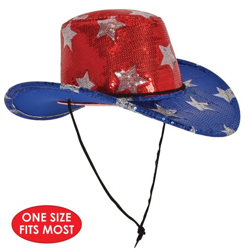 Beistle Fabric Sequined Patriotic Cowboy Hat, Chin Strap for 4th of July Party, Labor Day Celebration, Red White and Blue for USA Events
