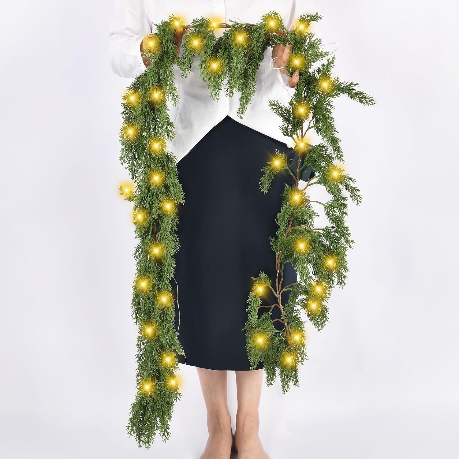 Skiennix Christmas Garland - 3PCS 6.2FT Lush Greenery with Lights | Real Touch Cedar & Soft Pine Branches for Indoor/Outdoor Decor