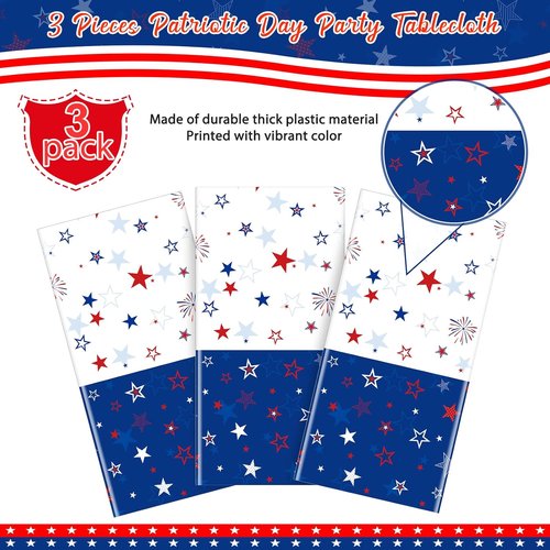 Jectivs Patriotic Tablecloths - 3 Pack Independence Day Decorations | 54 x 108 Inch, Stars & Fireworks Design