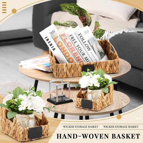 Wonderjune 4 Pcs Water Hyacinth Storage Basket Set Wicker Rattan Pantry Basket with Chalkboard Label Handles Woven Container Kitchen Laundry Large Small for Shelves Food Home Bathroom Decor
