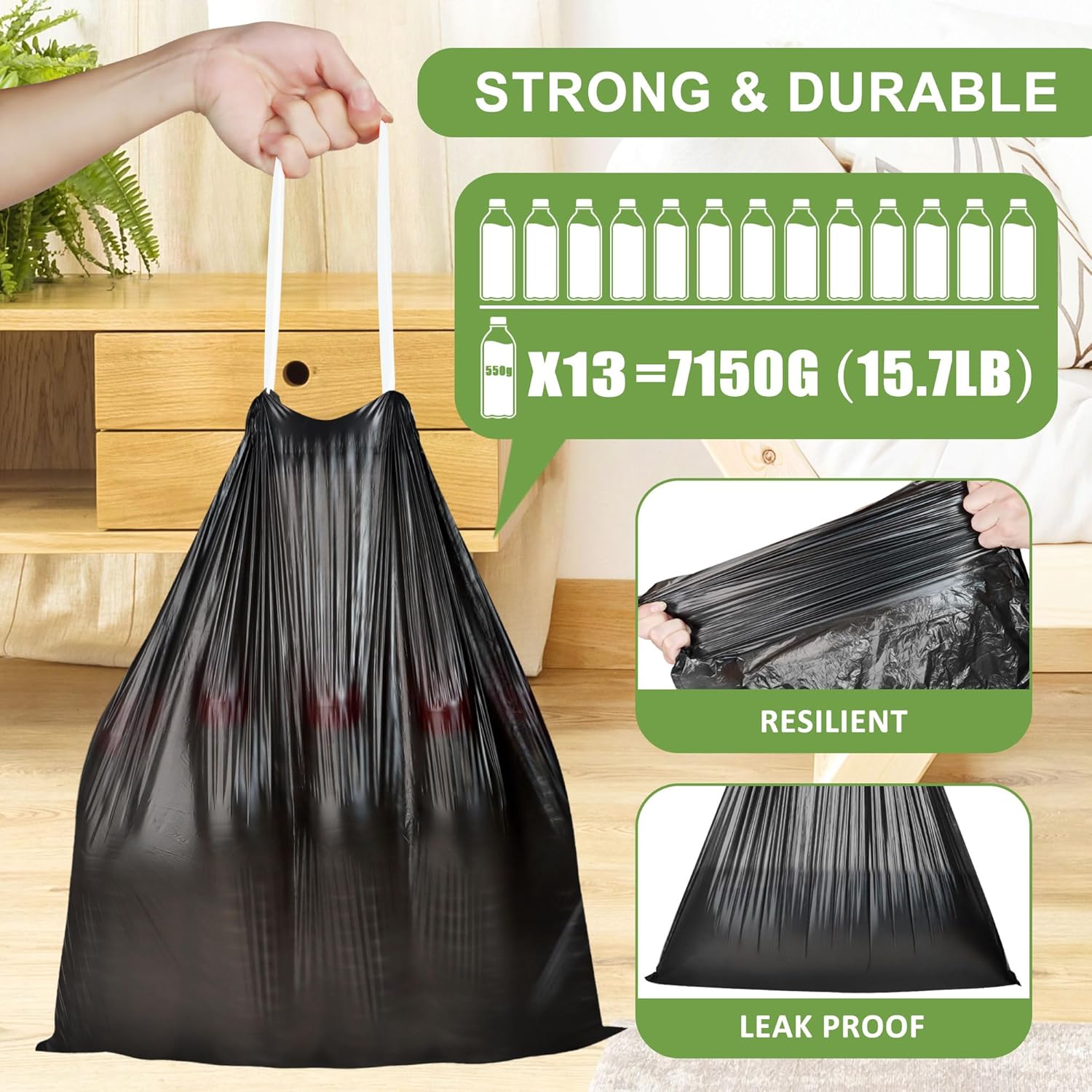 Skiennix 4 Gallon Drawstring Trash Bags - Tear-Free Bathroom & Office Wastebasket Liners | 132 Count, Black
