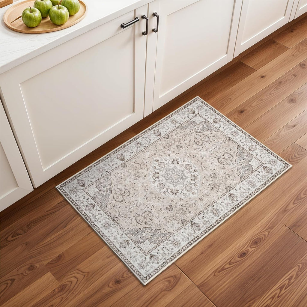 Regine Switzerland Washable 2x3 Entryway Area Rug - Soft Non-Slip Vintage Kitchen Runner in Beige
