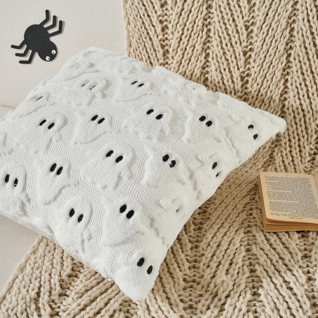 Volcanics Halloween Ghost Pillow Covers 20x20 Set of 2, White Plush Faux Fur Decorative Throw Cushion Cases for Fall Autumn Holiday Home Decor - Soft Farmhouse Style for Sofa, Couch, and Bedroom