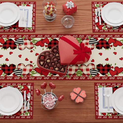 XCHI Buffalo Plaid Love Hearts Roses Flowers Valentine's Day Table Runner Table Decoration for Party Home Kitchen Dining Holiday Decor 13x90 Inch