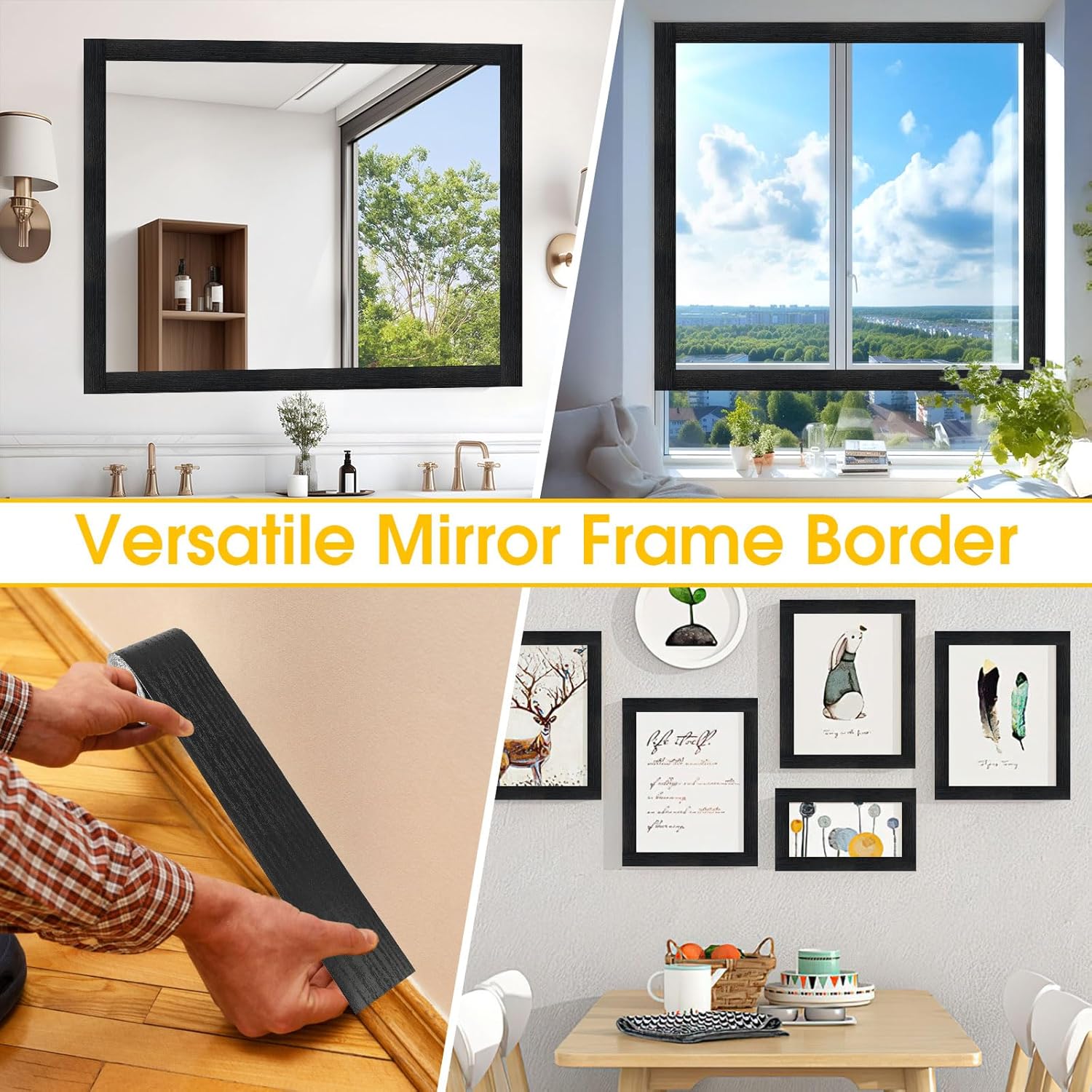 Skiennix Bathroom Mirror Frame Border - Peel & Stick Black Wood Grain Wallpaper (32.8 FT x 3.93 Inch)
