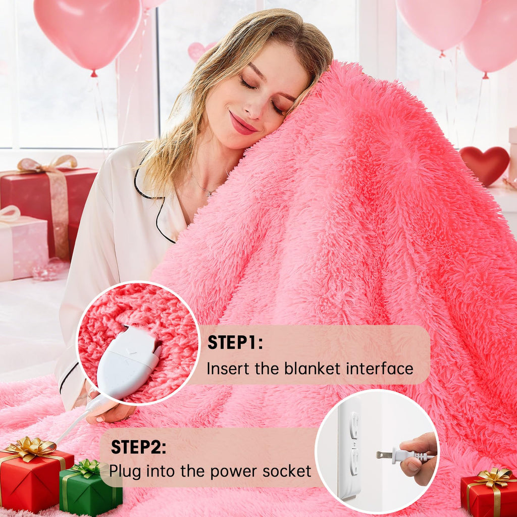 RUJIPO Heated Electric Blanket Heating Throw,Warm Winter Christmas Birthday Gifts for Her Women Grandma Seniors-Faux Fur Blanket with Soft Sherpa,10 Heat Settings,5 Time Settings,50x60, Baby Pink