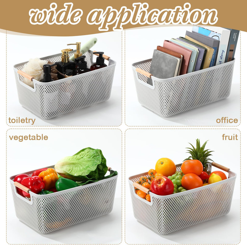 Ziliny 4 Pcs Plastic Mesh Baskets with Handles - Mesh Storage Hanging Organizer Bin Container Baskets for Home Organizing Pantry Closet Cabinet Kitchen Fridge Fruit Snacks Gifts, Grey(Large)