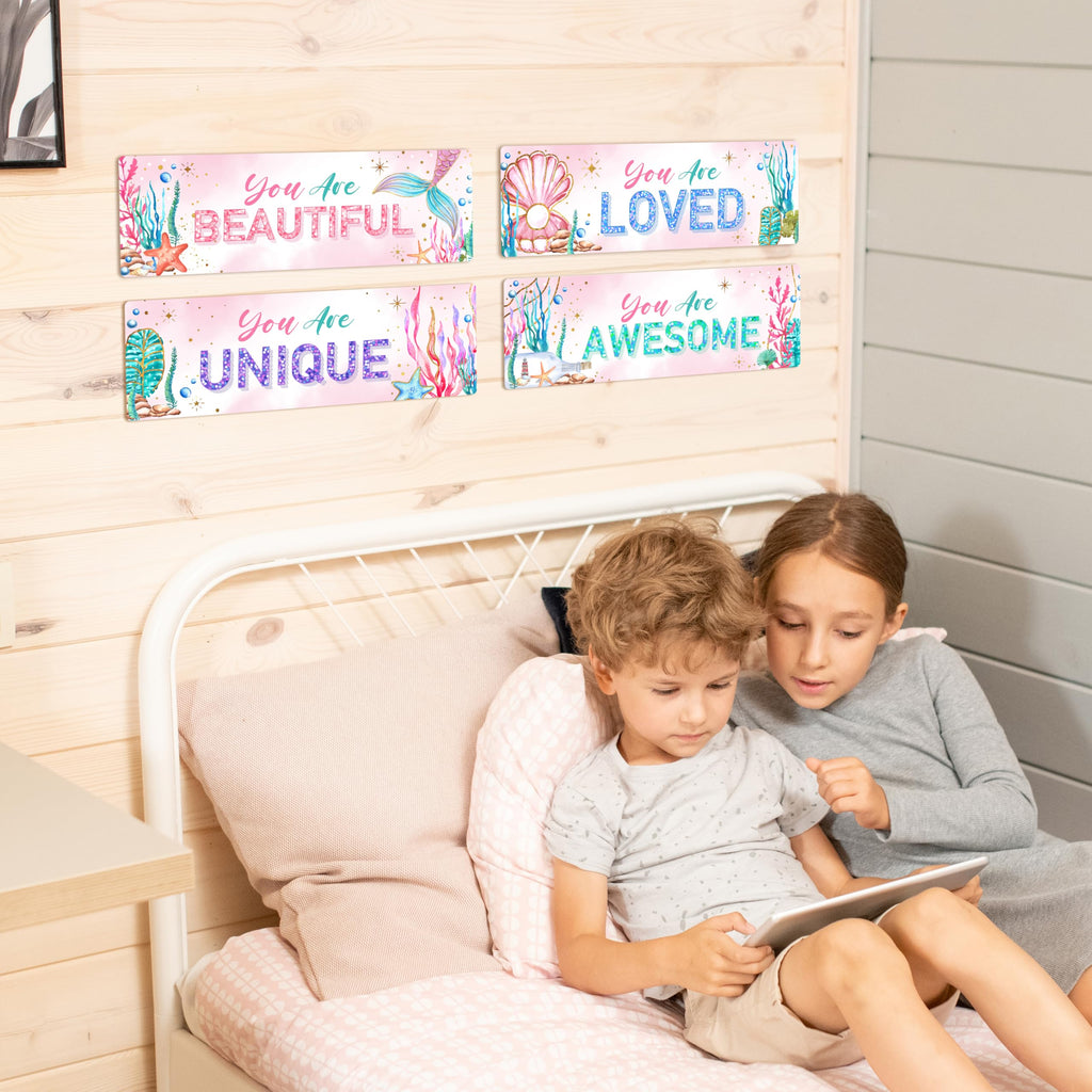 4 Pieces Mermaid Girls Bathroom Room Decor, 11.8" x 3.9" Under the Sea Wall Decor Wood Sign, Motivational Wall Art For Kids Room Nursery Playroom Classroom-A07