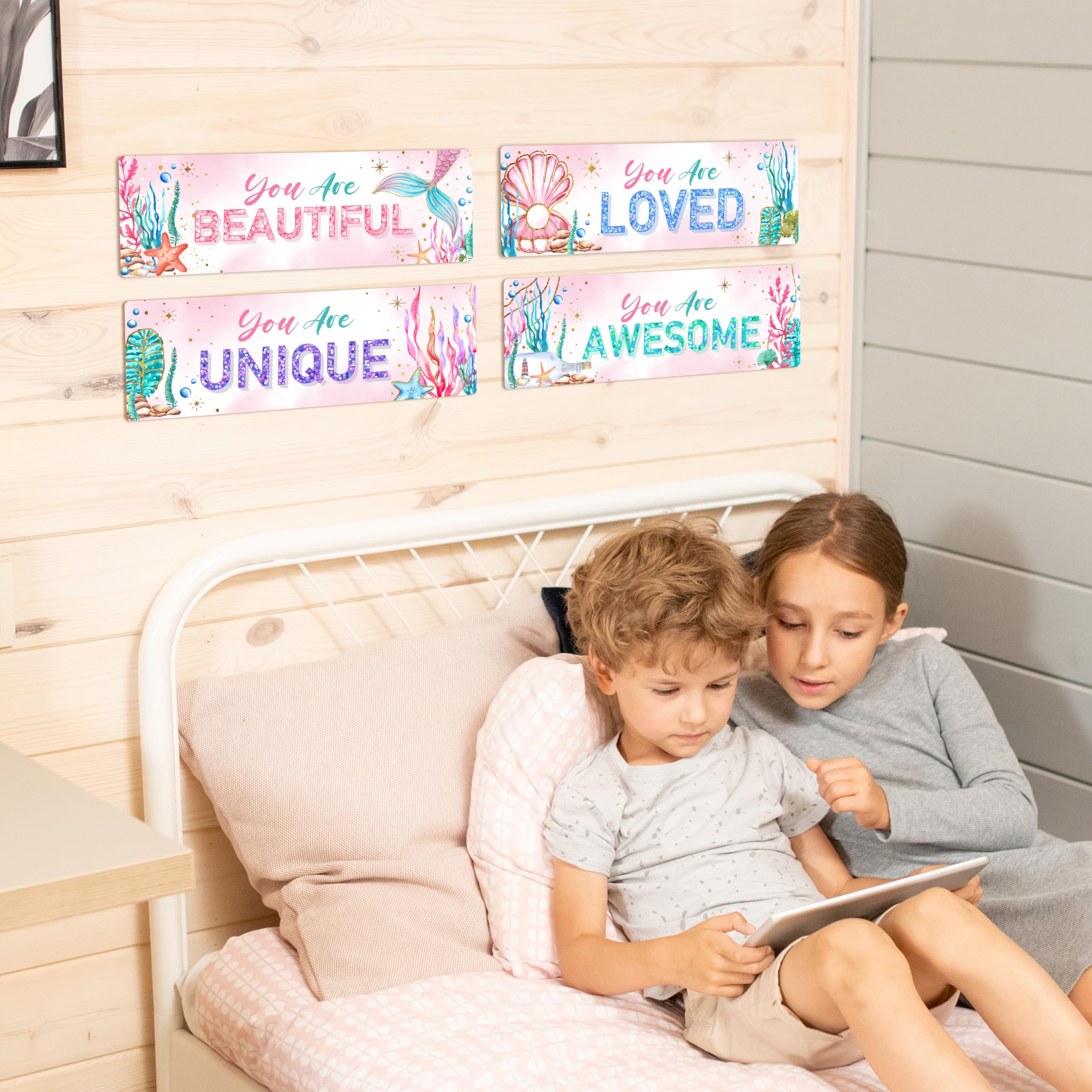 4 Pieces Mermaid Girls Bathroom Room Decor, 11.8" x 3.9" Under the Sea Wall Decor Wood Sign, Motivational Wall Art For Kids Room Nursery Playroom Classroom-A07