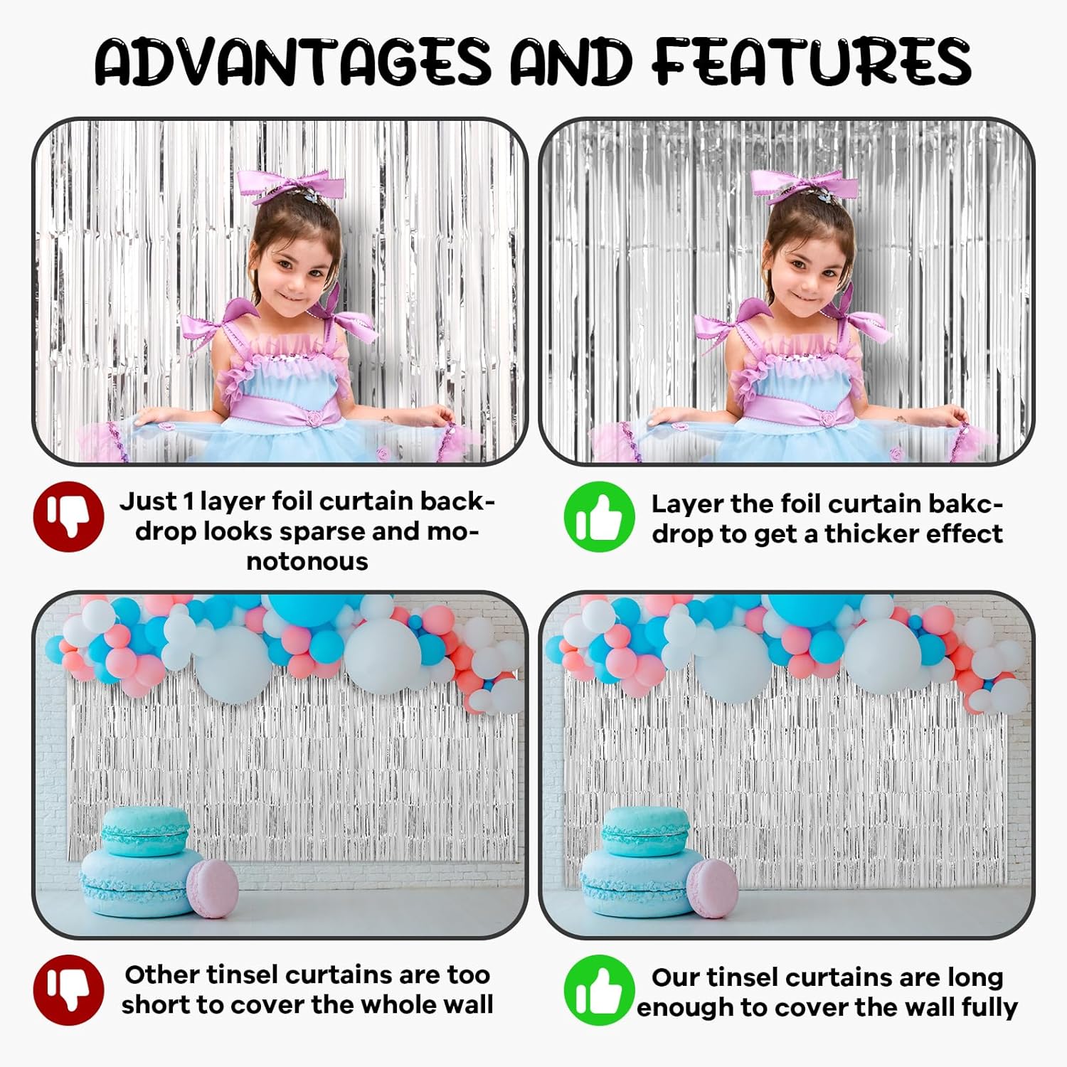 Voircoloria Silver Foil Fringe Backdrop Curtains - 2 Pack Tinsel Streamers for Parties & Celebrations