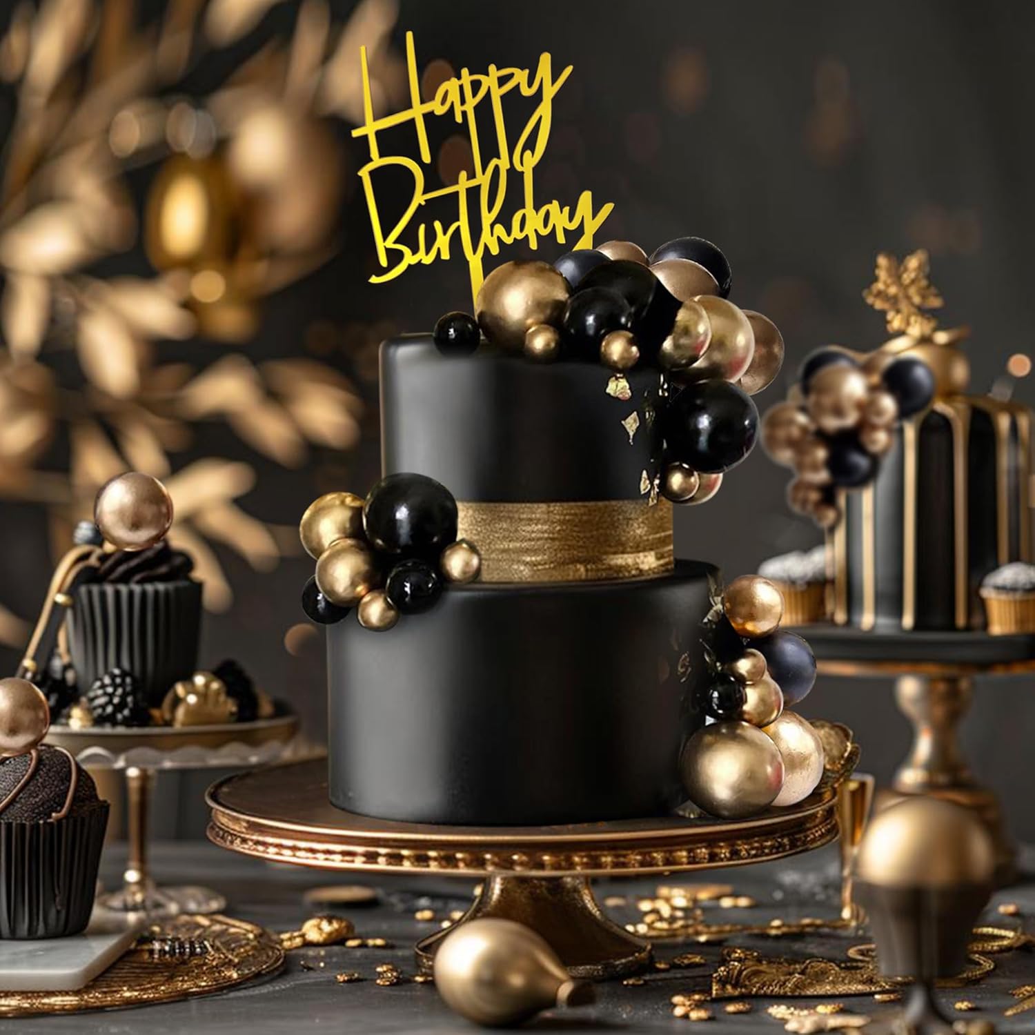 Regine Switzerland 75 PCS Black and Gold Cake Decoration Set - Perfect for Birthdays & Weddings