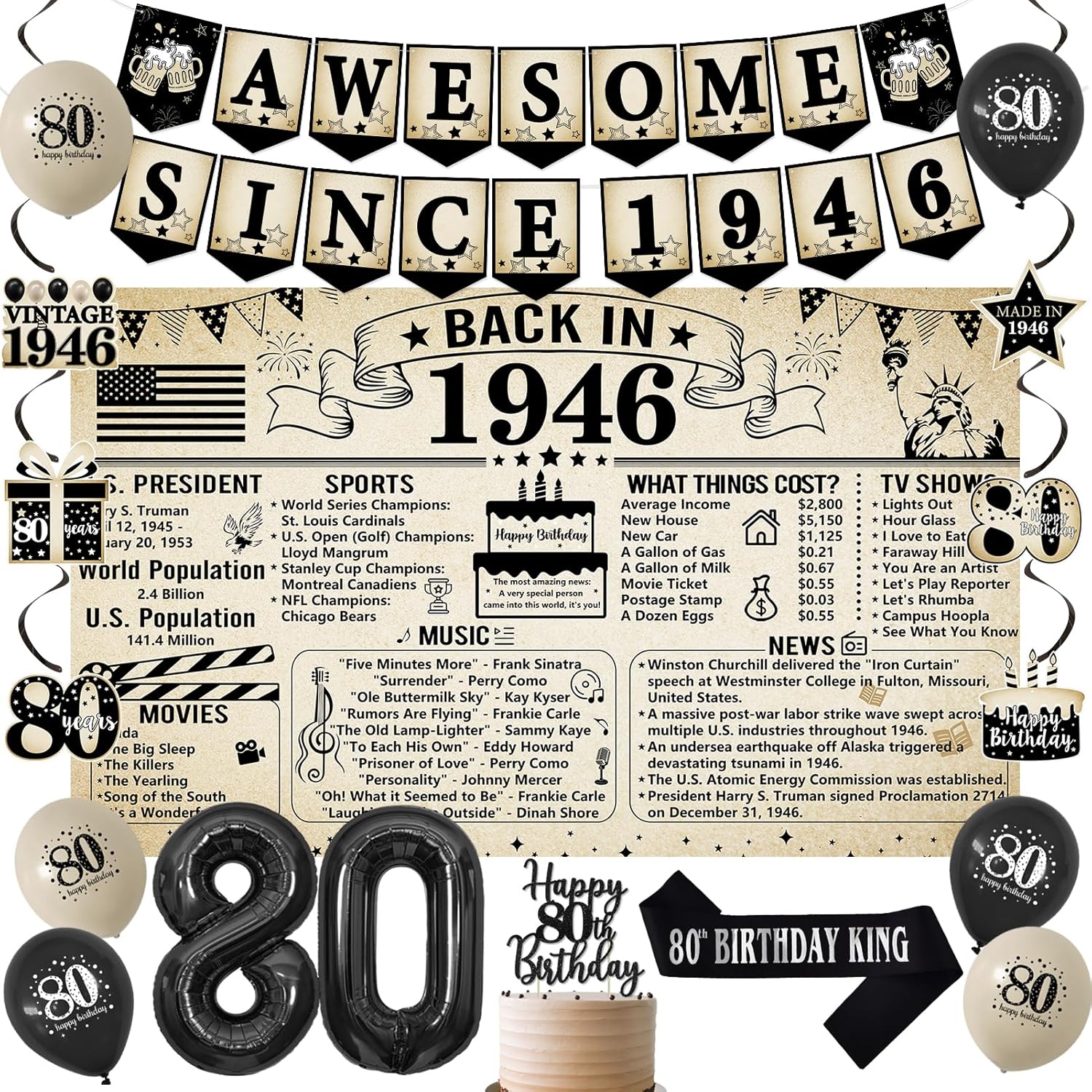Trgowaul Vintage 80th Birthday Decorations - 1946 Party Supplies, Banner, Sash & Cake Topper Set