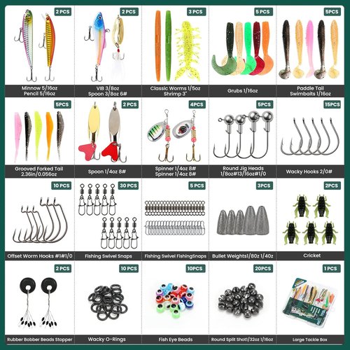 Fishing Tackle Box Kit - 142 Pcs Lures Set with Techniques Book | Saltwater & Freshwater Gear for Bass, Trout, Salmon