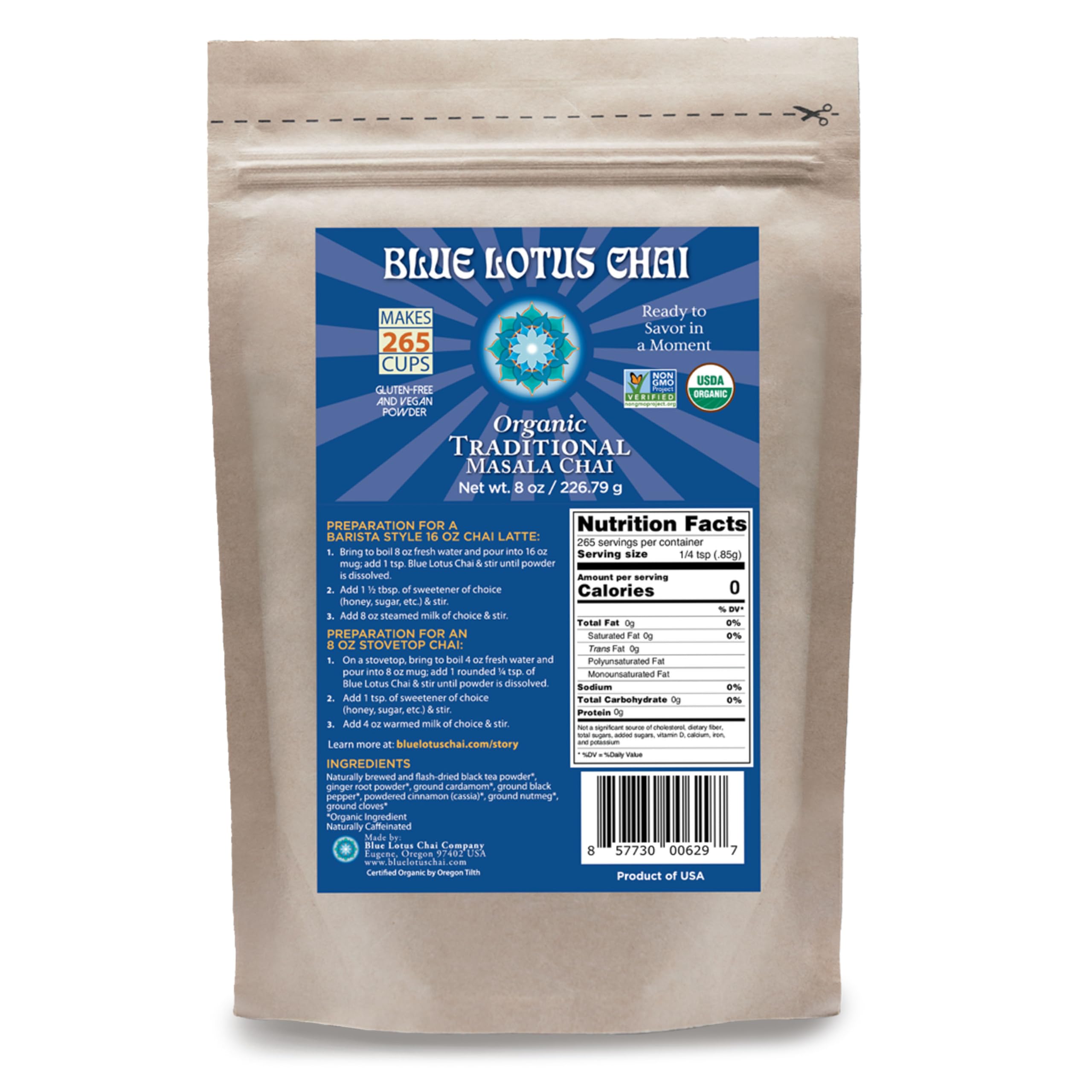 Blue Lotus Chai – Fully Organic Traditional Masala Chai - Makes 265 Cups – Just Add Hot Water, No Steeping, No Gluten - 8 Ounce Masala Spiced Chai Powder with Organic Spices – Authentic Indian Tea