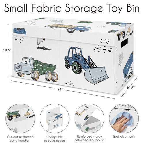 Sweet Jojo Designs Construction Truck Boy Small Fabric Toy Bin Storage Box Chest For Baby Nursery or Kids Room - Grey Yellow Black Blue and Green Transportation