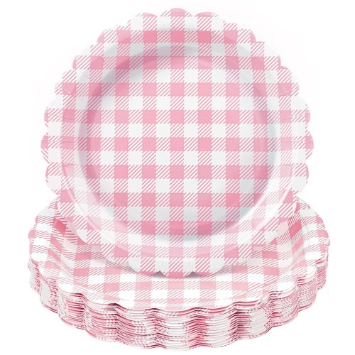 NatNarr 30 Pcs Pink Gingham Plates, 9 Inch Valentines Plates Scalloped Plaid Dessert Dinner Party Plates Pink and White Gingham Party Supplies for Girls Baby Shower, Wedding, Birthday