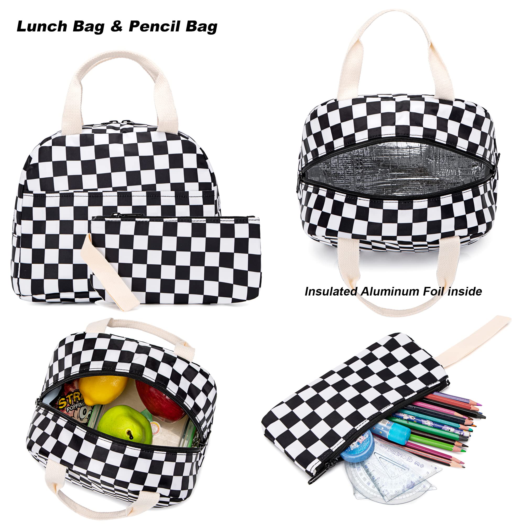 Yusudan Checkered Girls School Backpack Set, Kids Teens School Bag Bookbag with Lunch Bag Pencil Bag