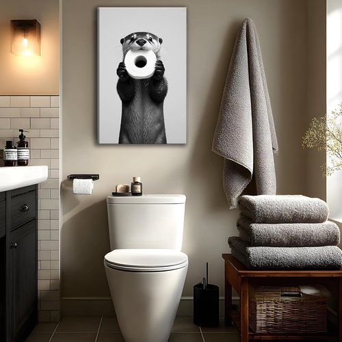 Funny Otter Wall Art by [Brand Name] - Humorous Black and White Canvas Print for Bathroom Decor | 12x16''
