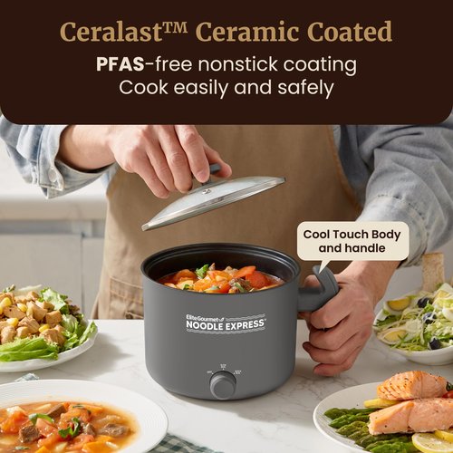 Elite Gourmet NOODLE EXPRESS Electric Hot Pot, Prepare Noodles, Soups, Stews, Cool-touch Handle, Ceralast™ PFAS-Free Ceramic Non-stick, Tempered Glass Lid, 2 Heat Settings-High/Low, Grey