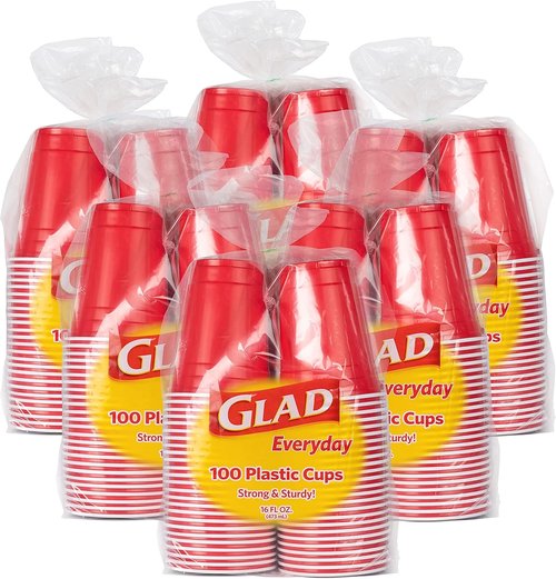 Glad Heavy Duty Disposable Plastic Cups - Sturdy Red Drinking Party Cups | 16 Ounce, 100 Count, 6 Pack
