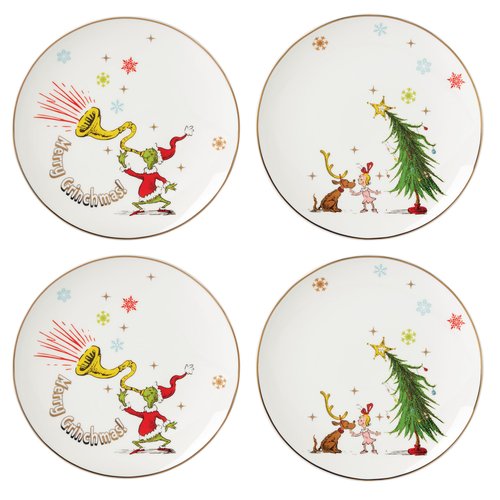Lenox 894166 Merry Grinchmas 4-Piece Assorted Accent Plate Set, Christmas Drinkware, Holiday Hosting
