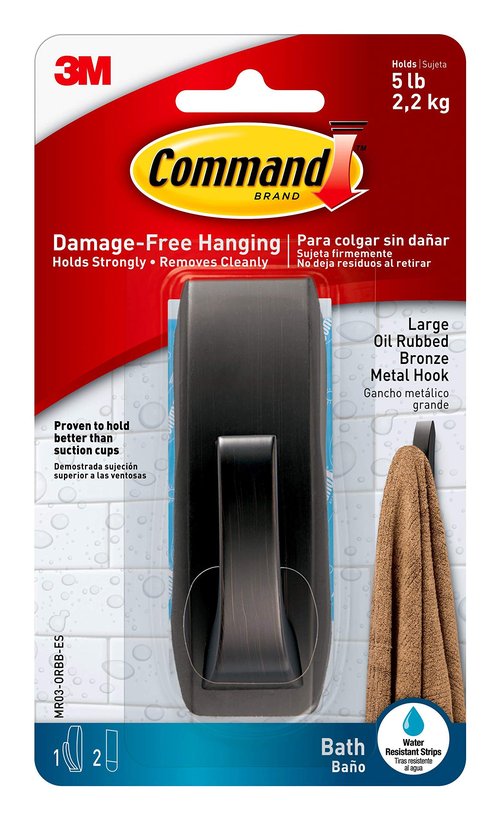 Command Modern Reflections Large Metal Bath Hook, Oil Rubbed Bronze, 1-Hook with Water-Resistant Strips, Organize Damage-Free