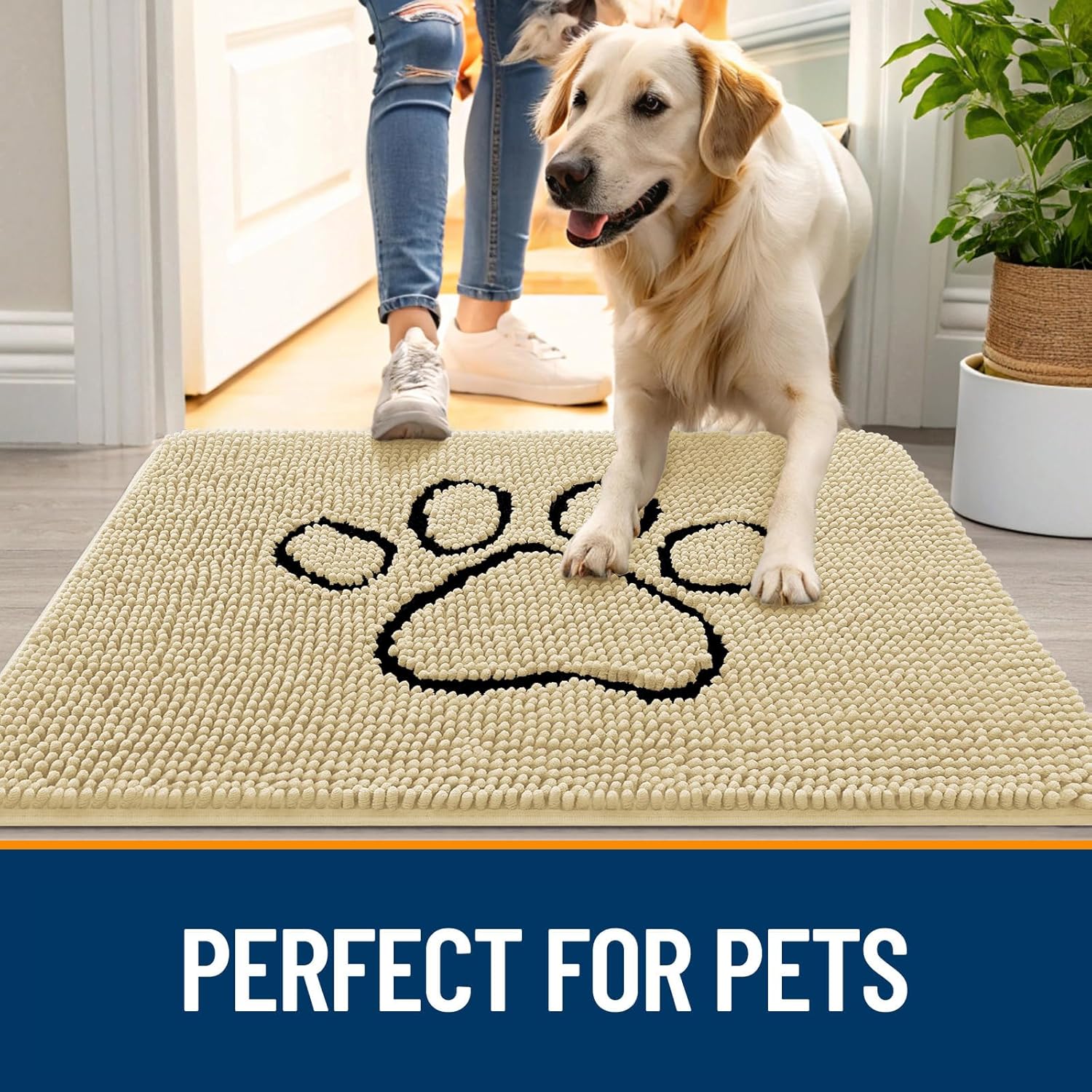 OLANLY Dog Door Mat - Absorbent Non-Slip Chenille for Muddy Paws | 48x30 Paw Print Design