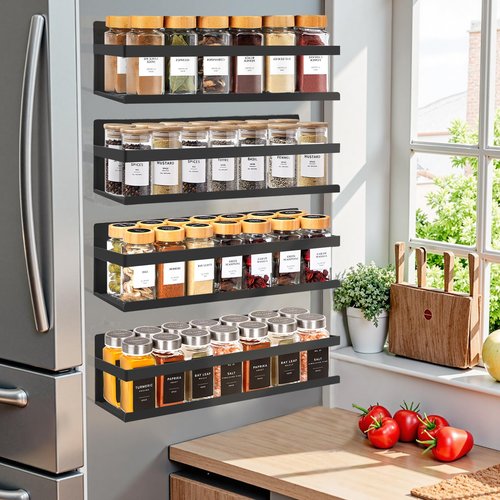 SMRCAD Magnetic Spice Rack for Refrigerator Seasoning Organizer for Spice Fridge Shelf storage Magnetic Shelf with Hook for Oven(6pack) (4Pack-Cut out-black)