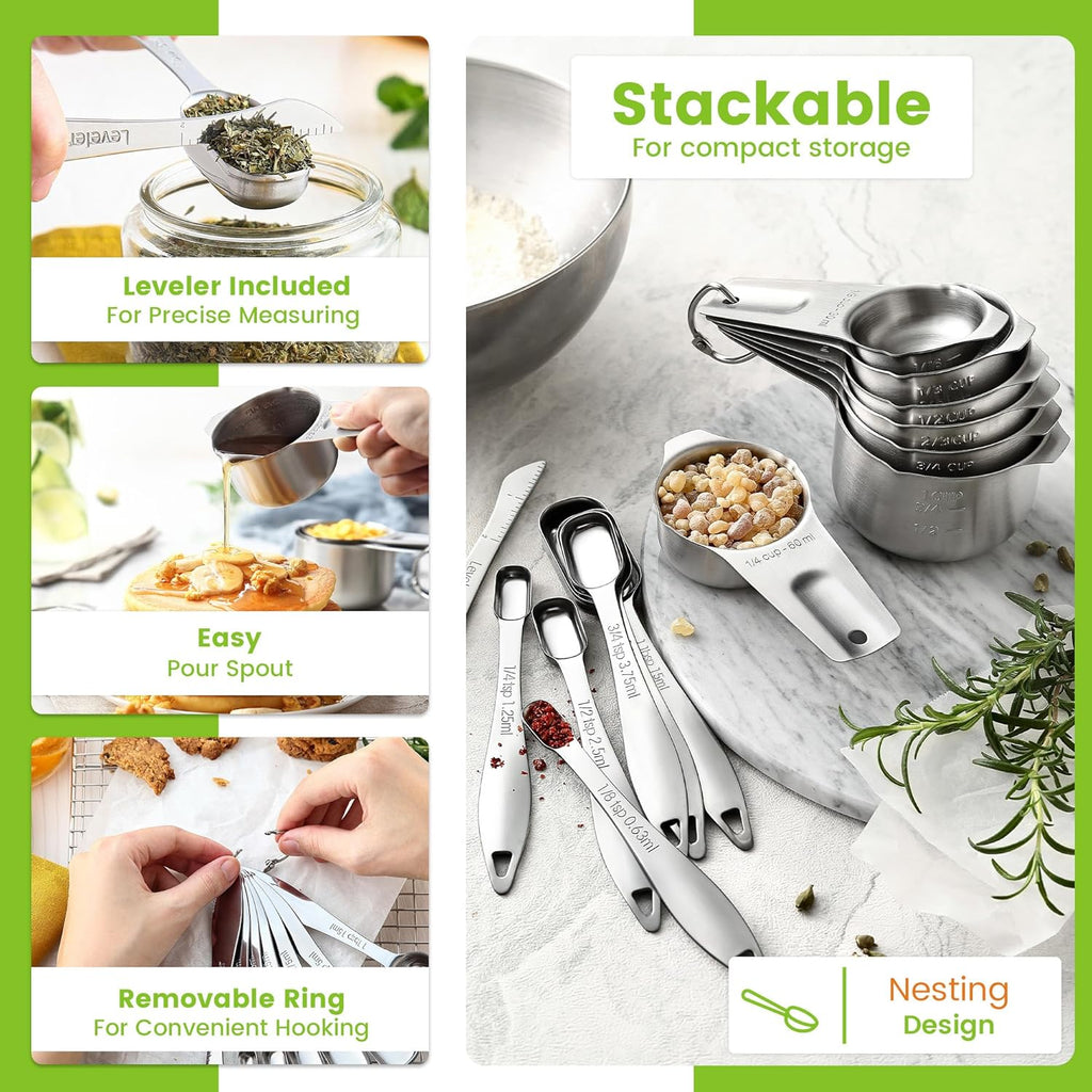 Spring Chef Stainless Steel Measuring Cups & Spoons Set - 14-Piece Nesting Kitchen Tools for Accurate Cooking & Baking