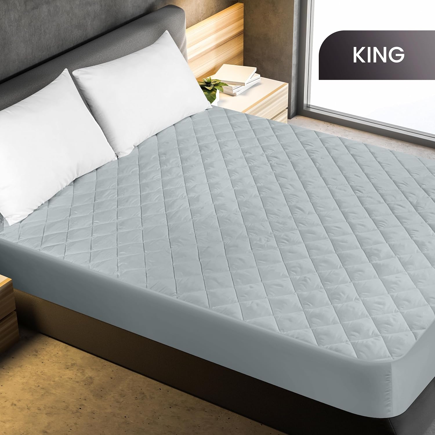 Utopia Bedding Quilted King Size Mattress Pad - Deep Pocket Protector, Machine Washable | Light Grey